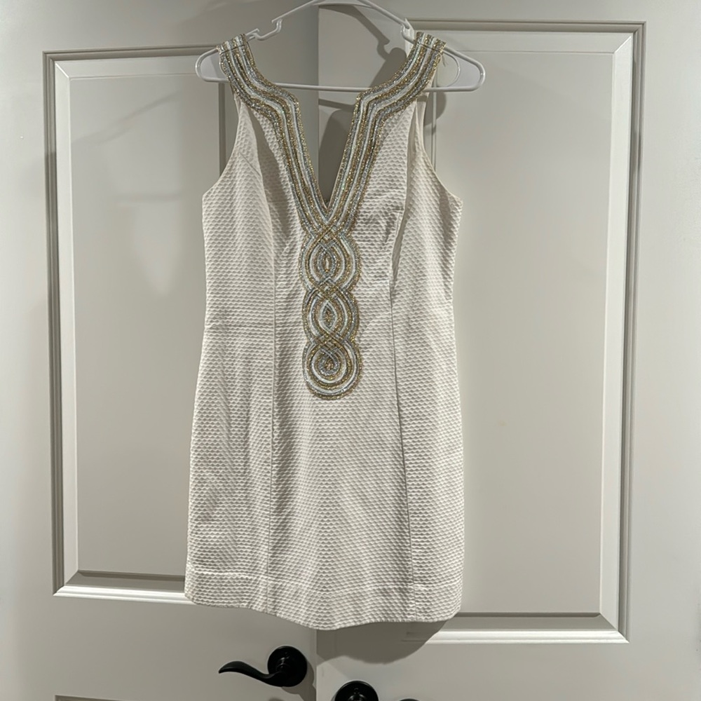 Lilly Pulitzer White Sleeveless Beaded V-Neck Shift Dress